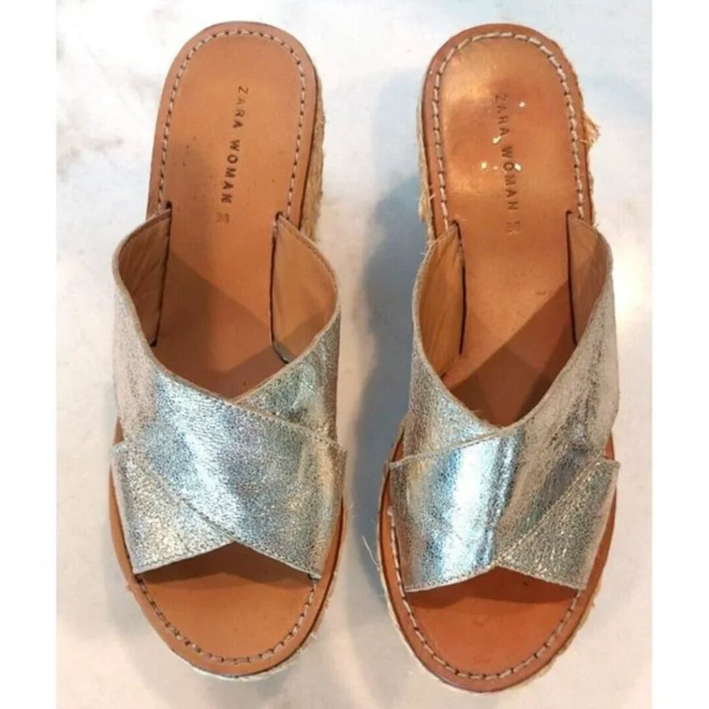 ZARA Jute Esprilladrez Wedge Sandals WITH CROSSOVER STRAPS GOLD SZ US 7 / UE 38